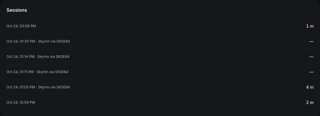 A game's session list in the Respawn+ launcher, dark theme: six sessions with their dates and lengths