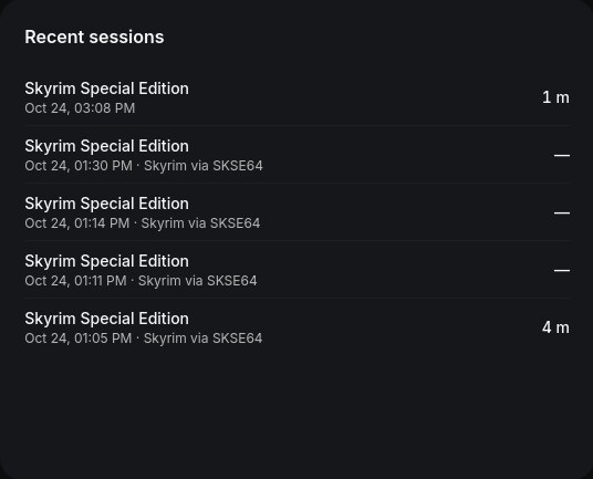 The recent sessions list on the launcher's home screen, dark theme